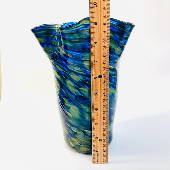 Arribas Brothers Walt Disney World Blown Glass Ruffled Vase 9” Blue Yellow Swirl - Picture 11 of 15